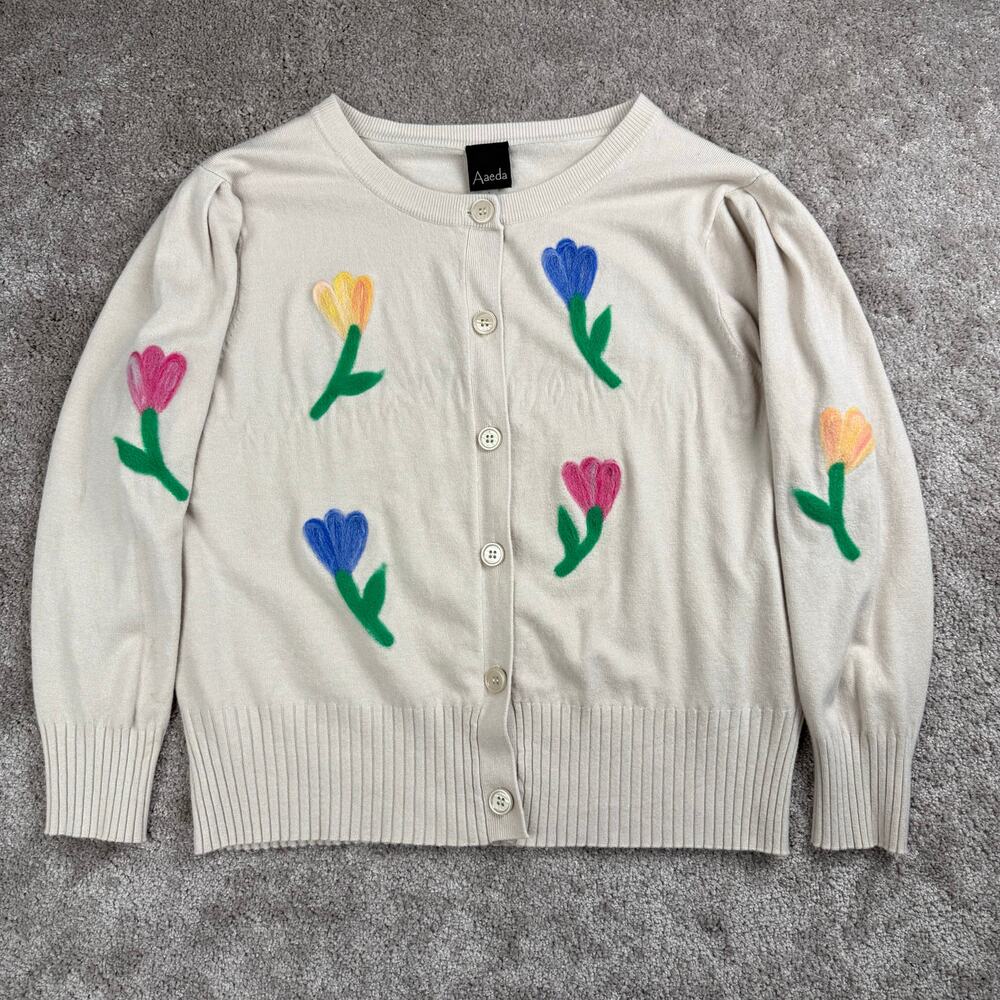 Aaeda Cream Knit Cardigan Sweater Floral Tulip Applique Button Front Size L